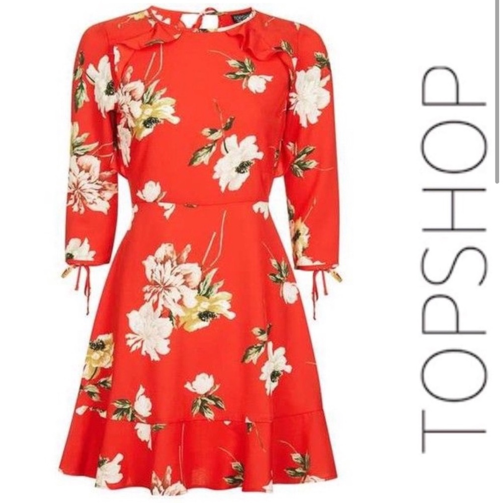Topshop red floral dress with back cutout, size 2